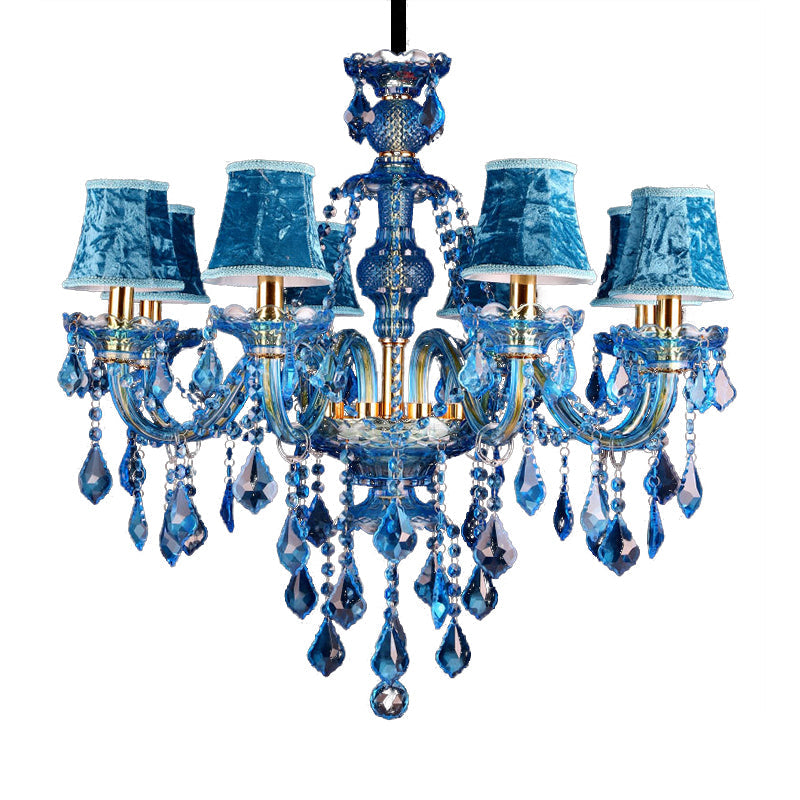 Modern Blue Glass Crystal Chandelier Light with Beveled Glass Pendant - 8/18 Heads, Shade/Shadeless Options, 28"/37.5" W