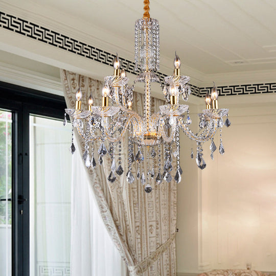 Modern Brass Chandelier Lamp with Curved Arm, Beveled Crystal, and 10 Bulbs for Living Room Pendant