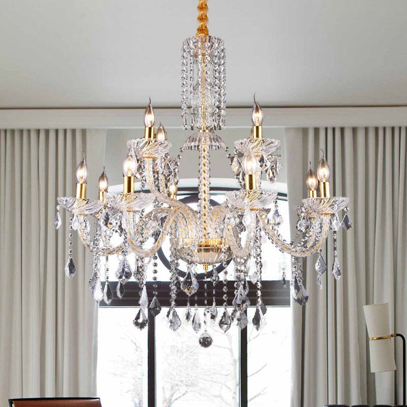 Modern Brass Chandelier Lamp with Curved Arm, Beveled Crystal, and 10 Bulbs for Living Room Pendant