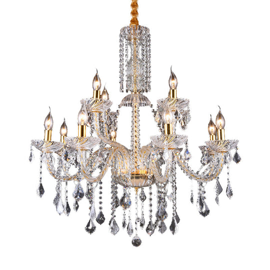 Modern Brass Chandelier Lamp with Curved Arm, Beveled Crystal, and 10 Bulbs for Living Room Pendant
