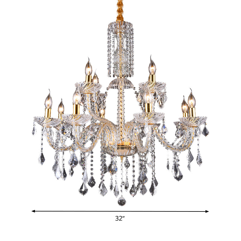 Modern Brass Chandelier Lamp with Curved Arm, Beveled Crystal, and 10 Bulbs for Living Room Pendant