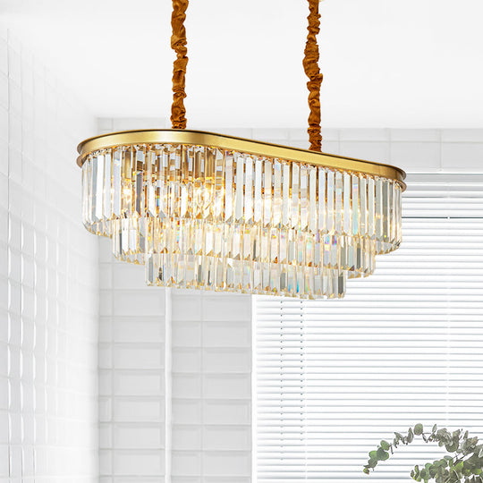 Modern Brass Island Pendant Light with Oval Crystal Shade - 8-Light Dining Room Hanging Lamp Kit