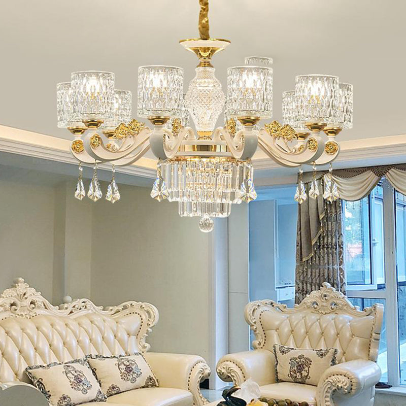 Brushed Brass Pendant Light Kit - Postmodern Glass Cylinder Design with 10 Dimpled Heads