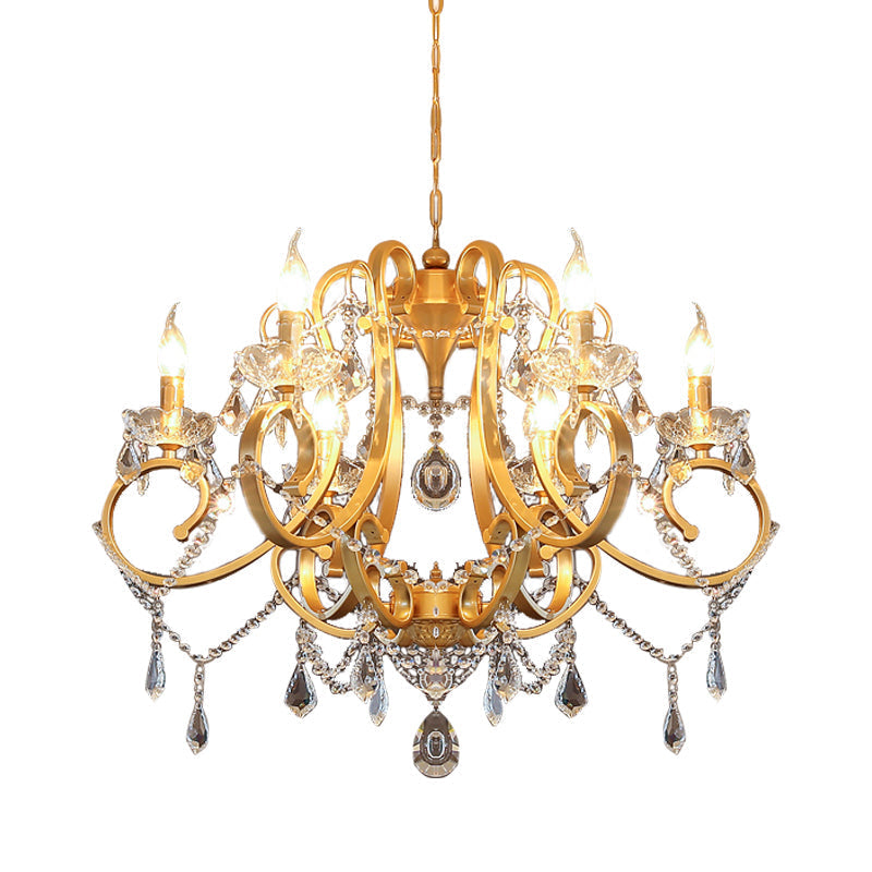 Brass Crystal Drop Chandelier Lamp - Postmodern Pendant Light for Candle Dining Room, 6 Heads