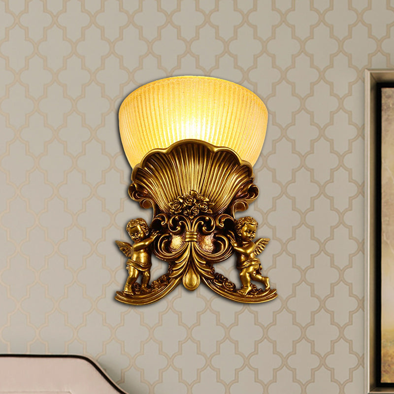 Modern Resin Angel Sconce Light, Indoor Wall Mount Beige/Gold/White Finish with Yellow Glass Bowl Shade