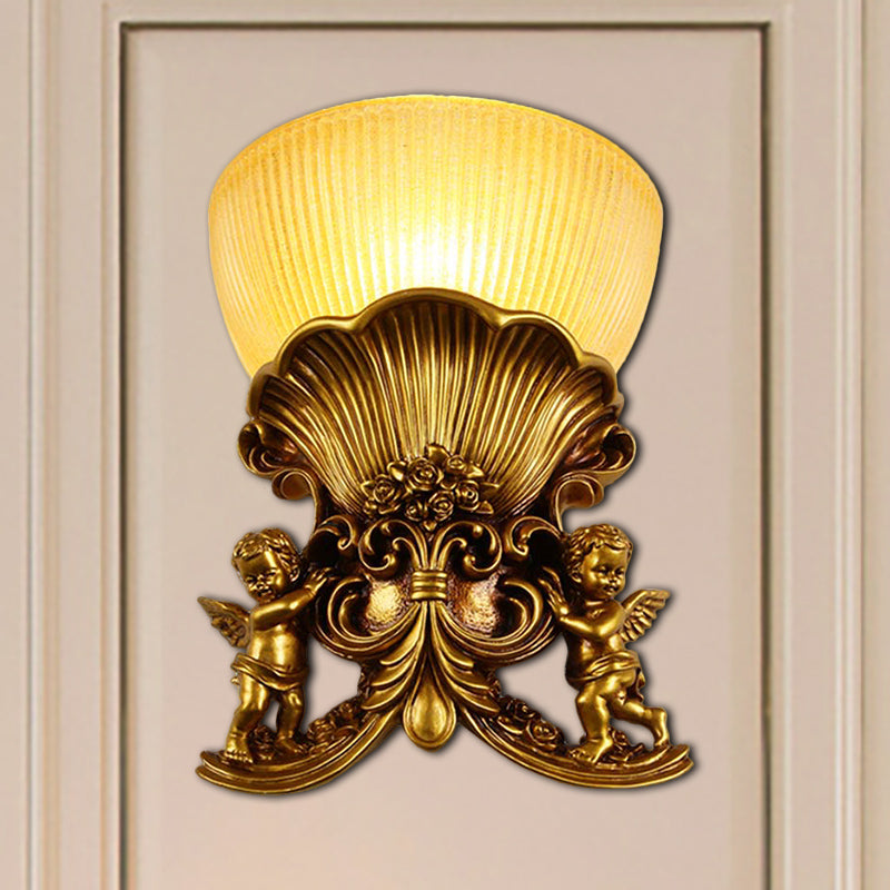 Modern Resin Angel Sconce Light, Indoor Wall Mount Beige/Gold/White Finish with Yellow Glass Bowl Shade