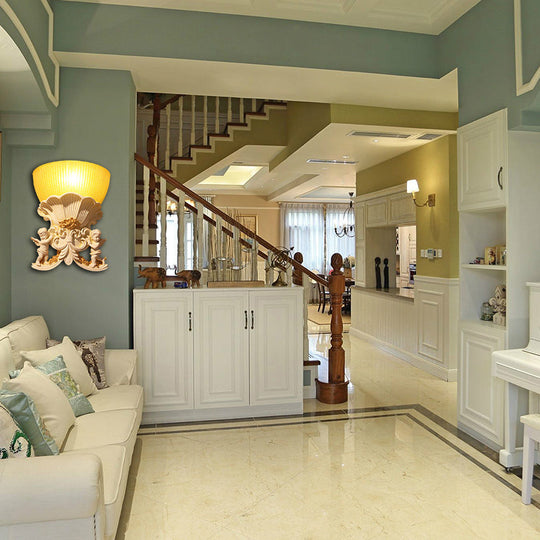 Modern Resin Angel Sconce Light, Indoor Wall Mount Beige/Gold/White Finish with Yellow Glass Bowl Shade