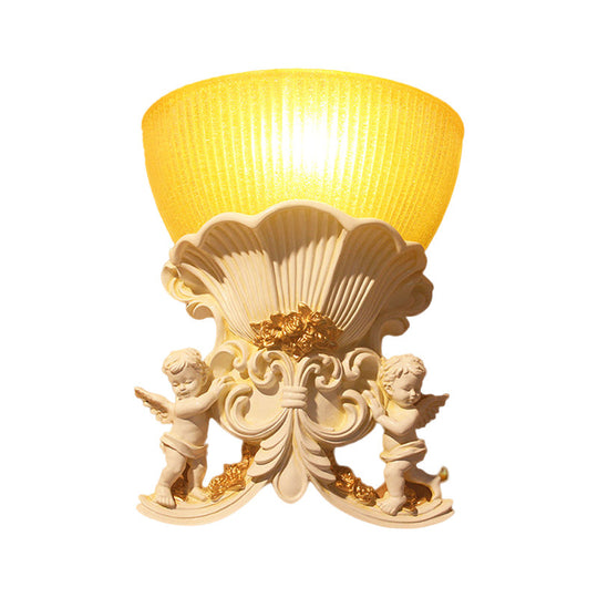 Modern Resin Angel Sconce Light, Indoor Wall Mount Beige/Gold/White Finish with Yellow Glass Bowl Shade
