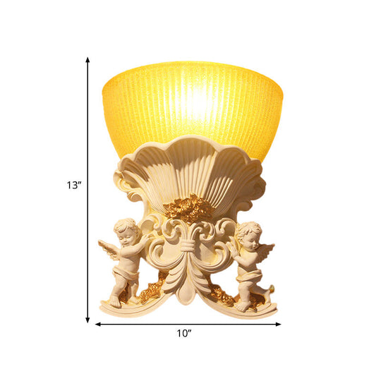 Modern Resin Angel Sconce Light, Indoor Wall Mount Beige/Gold/White Finish with Yellow Glass Bowl Shade