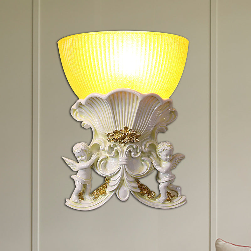 Modern Resin Angel Sconce Light, Indoor Wall Mount Beige/Gold/White Finish with Yellow Glass Bowl Shade