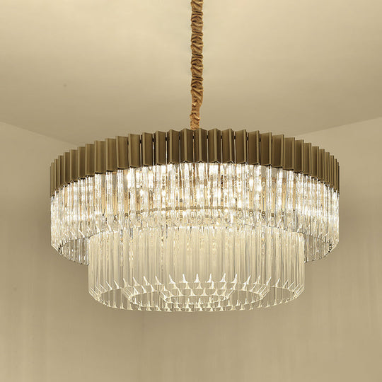 Modern Brass Chandelier Pendant Light with 6 Crystal Heads - 2 Tiers, Living Room Décor