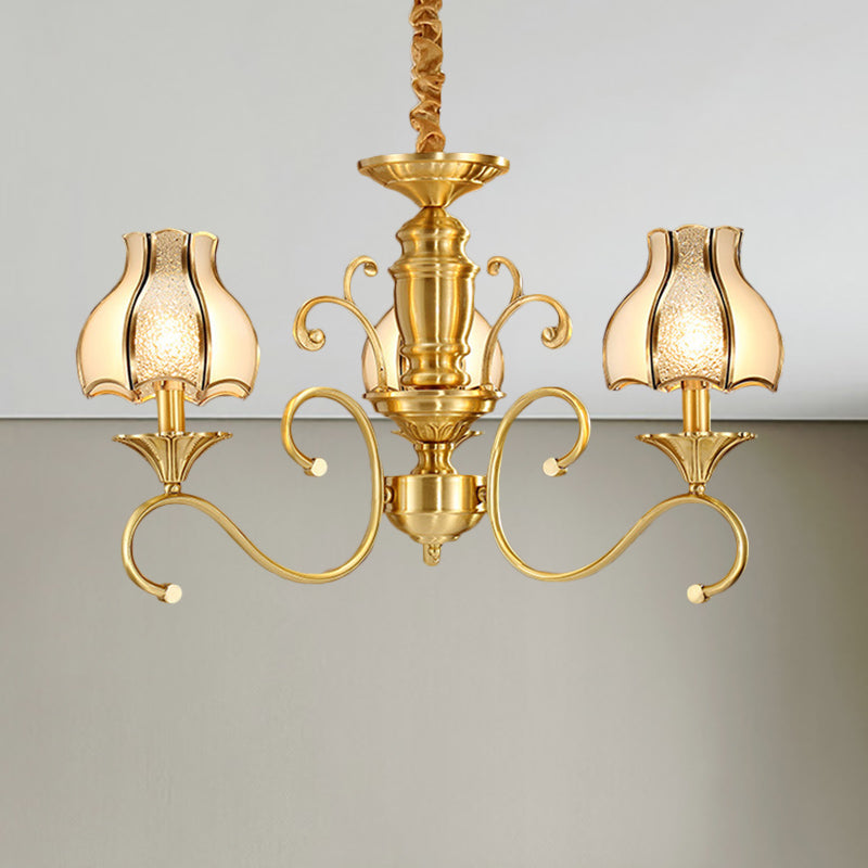 Swirled Arm Suspended Chandelier in Gold: Colonial Style with Frosted and Water Glass Shade (3/5/6 Heads)