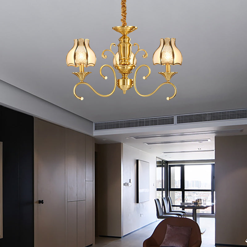 Swirled Arm Suspended Chandelier in Gold: Colonial Style with Frosted and Water Glass Shade (3/5/6 Heads)