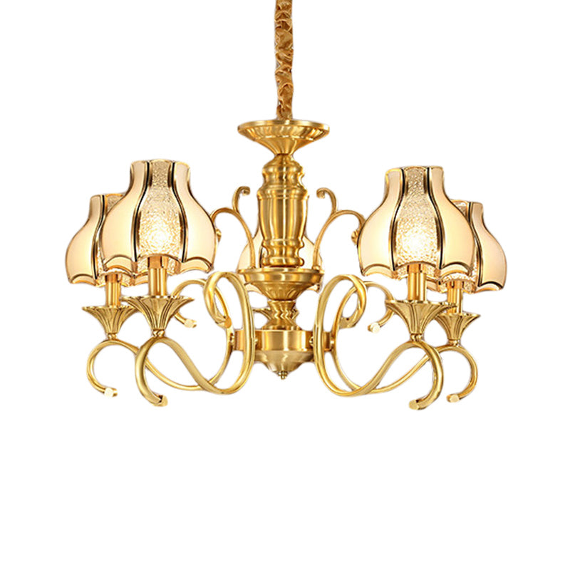 Swirled Arm Suspended Chandelier in Gold: Colonial Style with Frosted and Water Glass Shade (3/5/6 Heads)