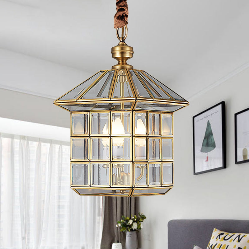 Clear Glass Colonial Yard Chandelier Light - 10"/12" W Lantern Pendant Lamp with 3 Bulbs