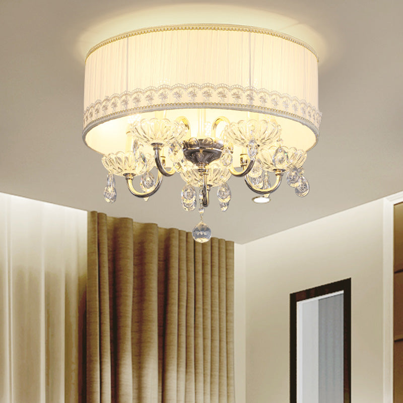 Modern Crystal Flush Light Fixture - White Candle with 5 Heads, Fabric Shade & Ceiling Mounted Design