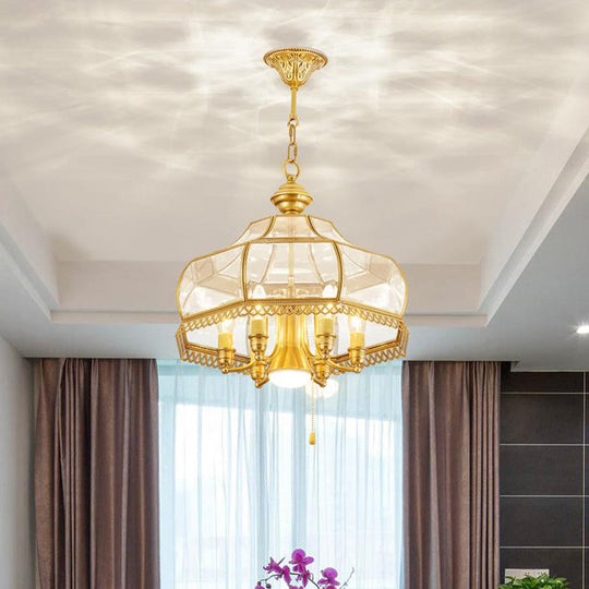 Colonial Clear Glass 7-Head Gold Hanging Chandelier for Curved Dining Room Ceilings