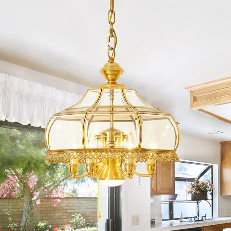 Colonial Clear Glass 7-Head Gold Hanging Chandelier for Curved Dining Room Ceilings