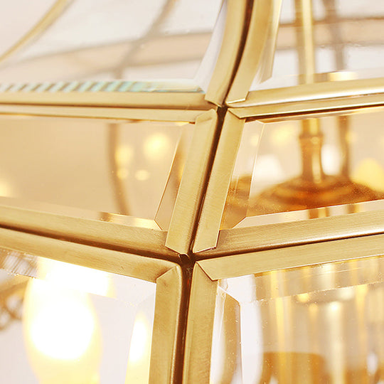 Colonial Clear Glass 7-Head Gold Hanging Chandelier for Curved Dining Room Ceilings