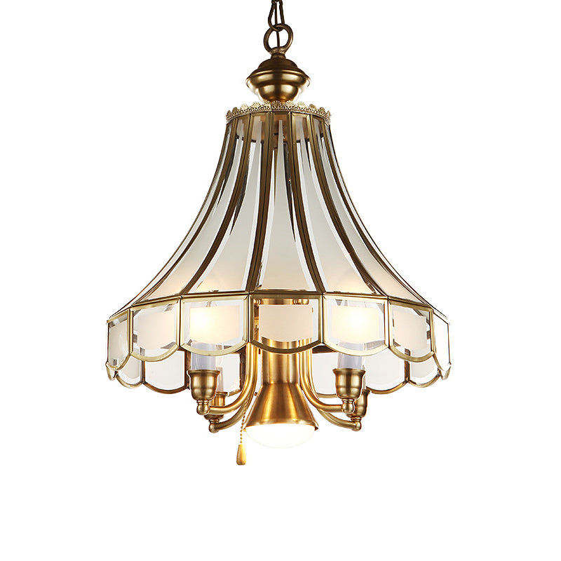 Colonial Sandblasted Glass Brass Scallop Chandelier Pendant Light - 5 Lights Suspension Lamp for Study Room