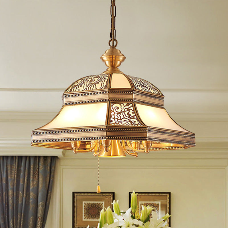 Dining Room Colonial Chandelier - Bell Mouth Blown Opal Glass, 5 Heads, Gold Hanging Light Fixture