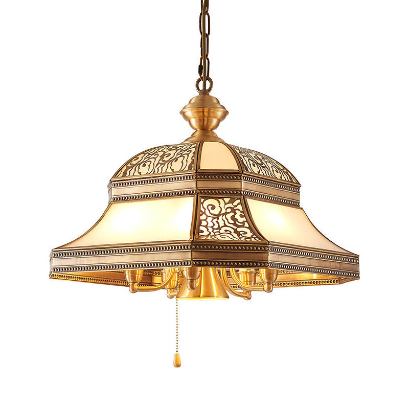 Dining Room Colonial Chandelier - Bell Mouth Blown Opal Glass, 5 Heads, Gold Hanging Light Fixture