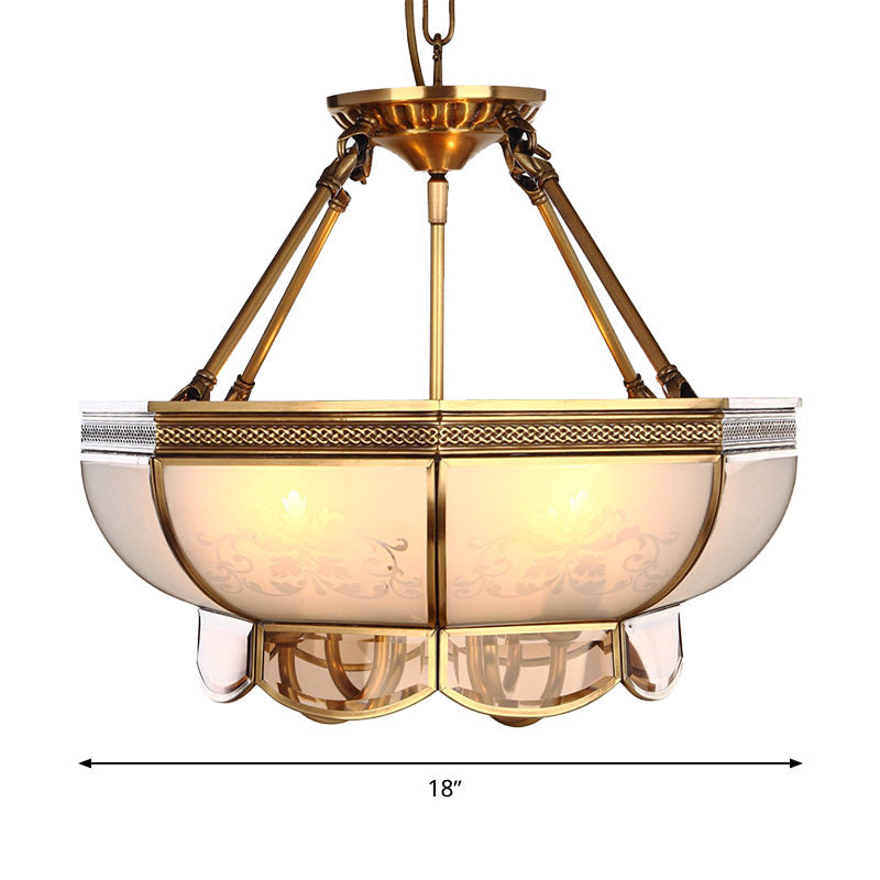 Colonial Brass Chandelier with 4 Frosted Glass Bulbs - Elegant Suspension Lamp for Your Living Room