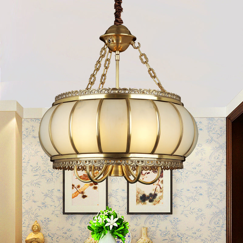 Colonial Opal Blown Glass Drum Pendant Chandelier - Brass - 4 Heads - Living Room Ceiling Light