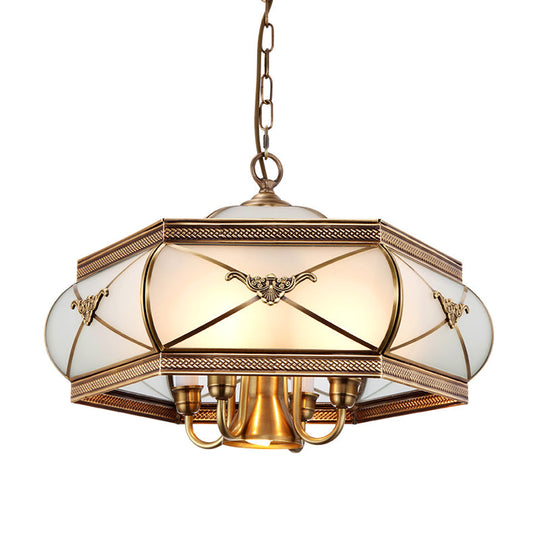 Colonial Satin Opal Glass 5-Light Brass Hexagon Pendant Chandelier for Dining Room
