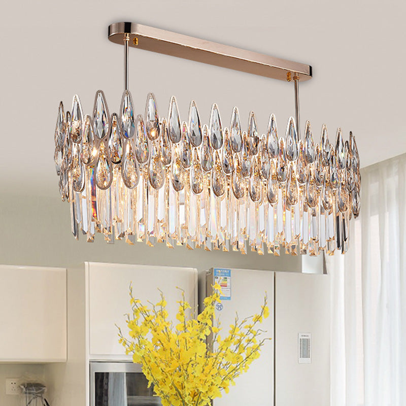 Crystal Island Lamp - Modern Teardrop Pendant Light, Oval Clear, 10 Lights