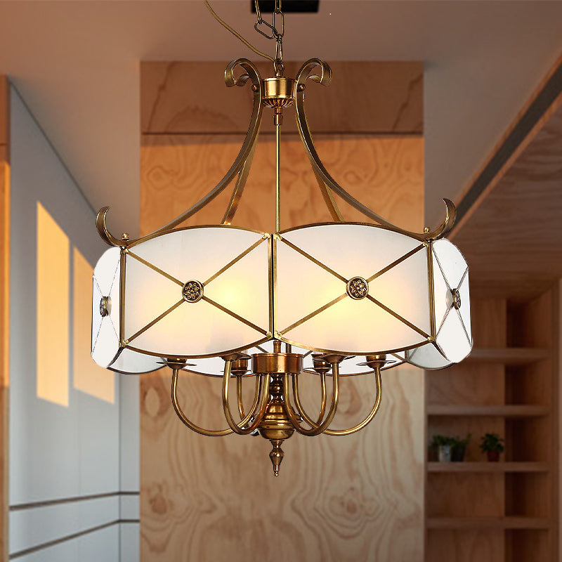 White Glass Colonial Drum Hanging Pendant Chandelier - 4/6 Heads - Bedroom Lighting Fixture