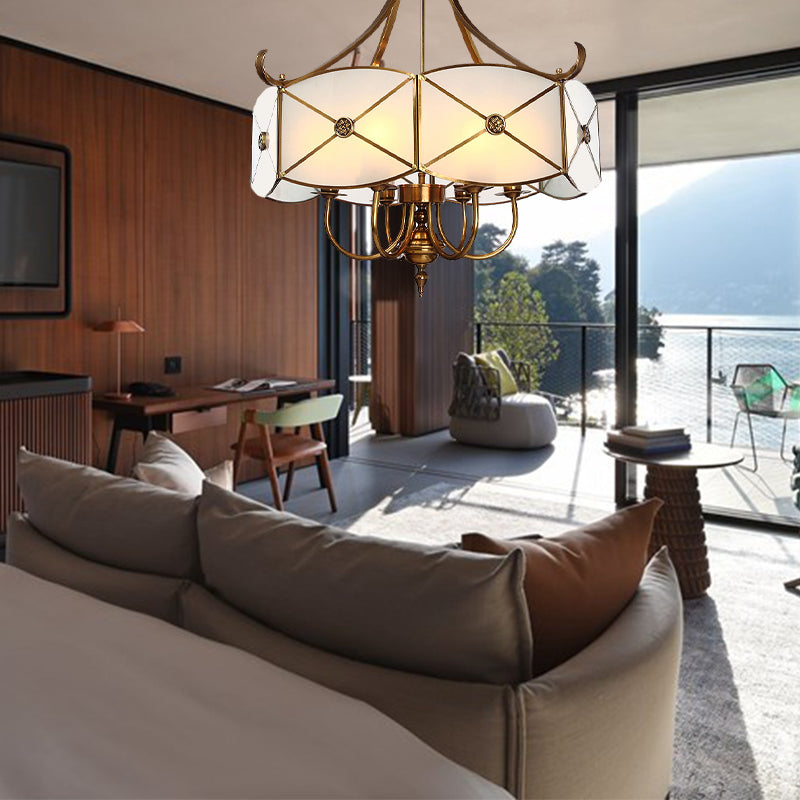 White Glass Colonial Drum Hanging Pendant Chandelier - 4/6 Heads - Bedroom Lighting Fixture