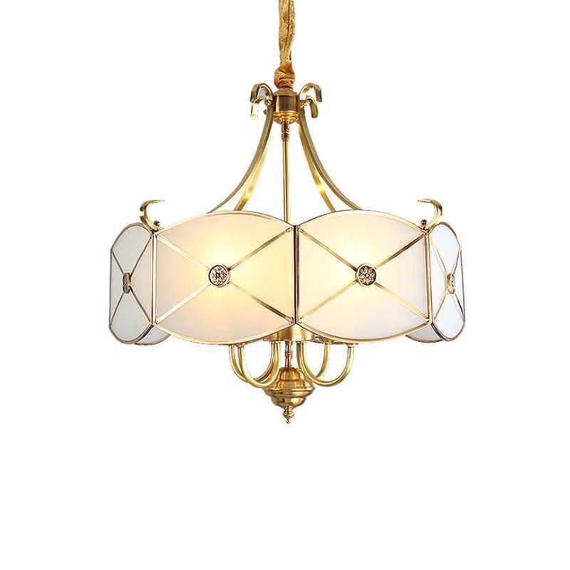 White Glass Colonial Drum Hanging Pendant Chandelier - 4/6 Heads - Bedroom Lighting Fixture
