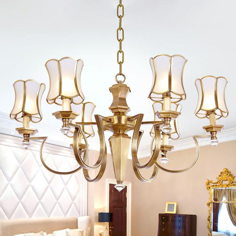 White Colonial Pendant Chandelier with Frosted Glass Flare - 6 Bulbs - Stylish Ceiling Hang Light for Living Room