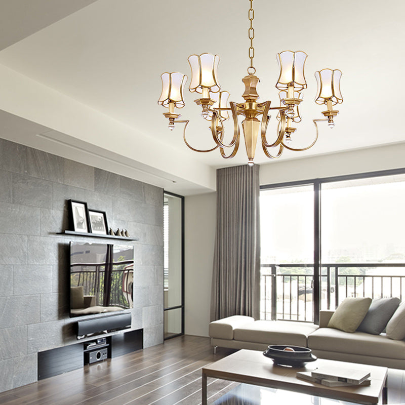 White Colonial Pendant Chandelier with Frosted Glass Flare - 6 Bulbs - Stylish Ceiling Hang Light for Living Room