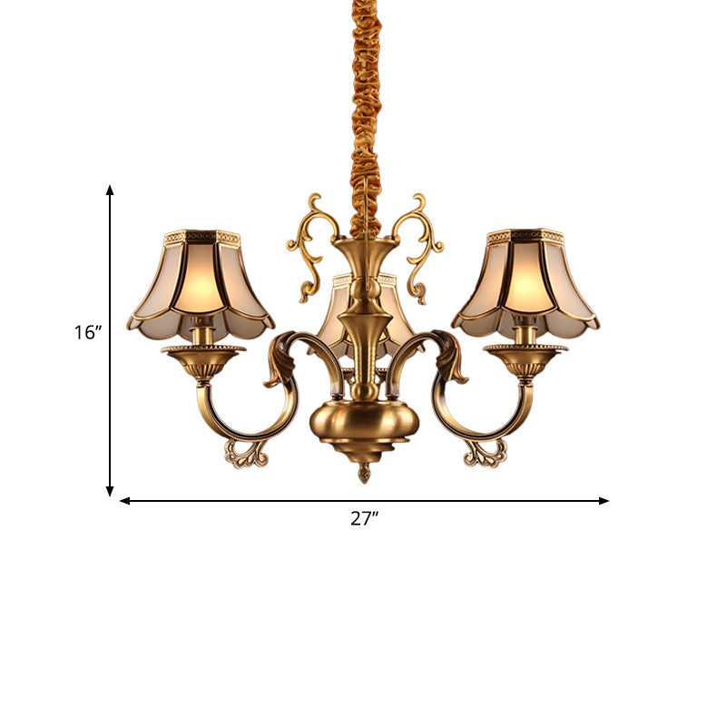 Gold Frosted Glass Pendant Chandelier with Scalloped Design and Colonial Styling - 3/5/6 Bulbs, Suspended Lighting Fixture