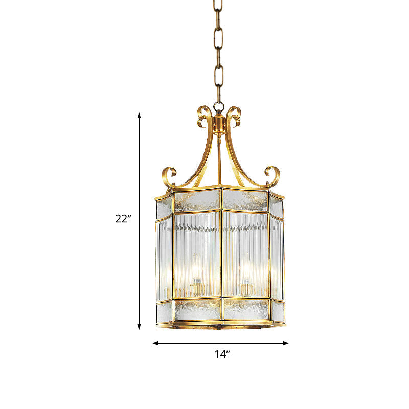 Colonial Gold Clear Prismatic Glass Chandelier - 22"/23" H Cylinder Pendant Lamp - 4 Bulbs - Ideal for Living Room