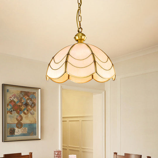 White Glass Chandelier Light - Scalloped Colonial Style - Dining Room Pendant Lamp (3 Bulbs)