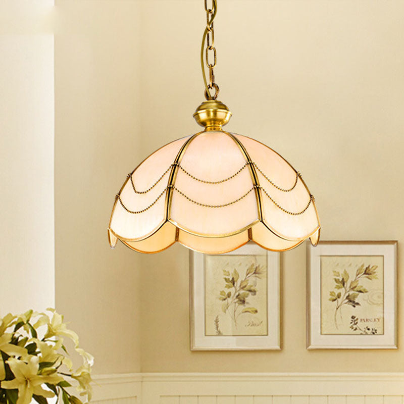 White Glass Chandelier Light - Scalloped Colonial Style - Dining Room Pendant Lamp (3 Bulbs)