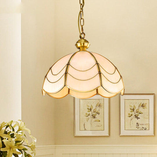 White Glass Chandelier Light - Scalloped Colonial Style - Dining Room Pendant Lamp (3 Bulbs)