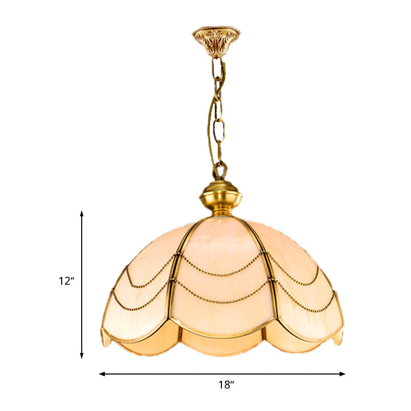 White Glass Chandelier Light - Scalloped Colonial Style - Dining Room Pendant Lamp (3 Bulbs)