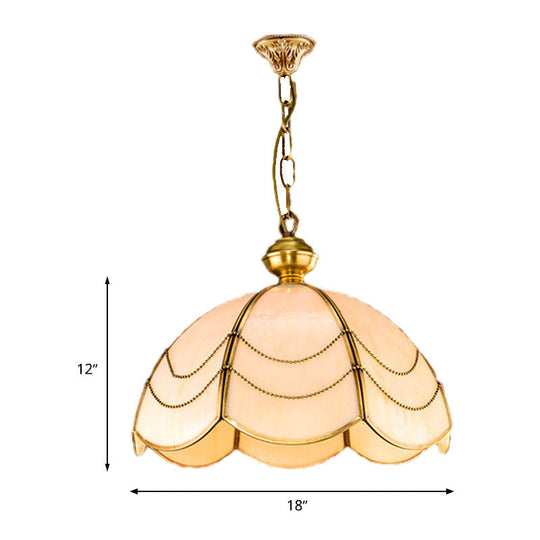 White Glass Chandelier Light - Scalloped Colonial Style - Dining Room Pendant Lamp (3 Bulbs)