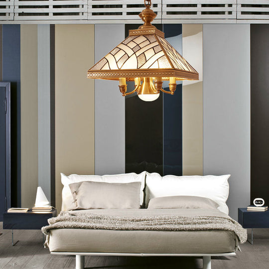 Frosted Glass Brass Chandelier - Colonial Down Lighting Pendant (5 Lights) for Dining Table