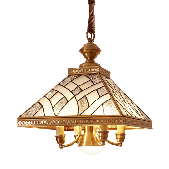 Frosted Glass Brass Chandelier - Colonial Down Lighting Pendant (5 Lights) for Dining Table
