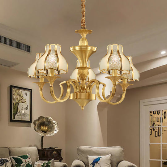 Colonial Style Gold Chandelier with Opal-White Glass Shades - 5/6 Heads
