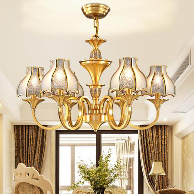 Colonial Style Gold Chandelier with Opal-White Glass Shades - 5/6 Heads