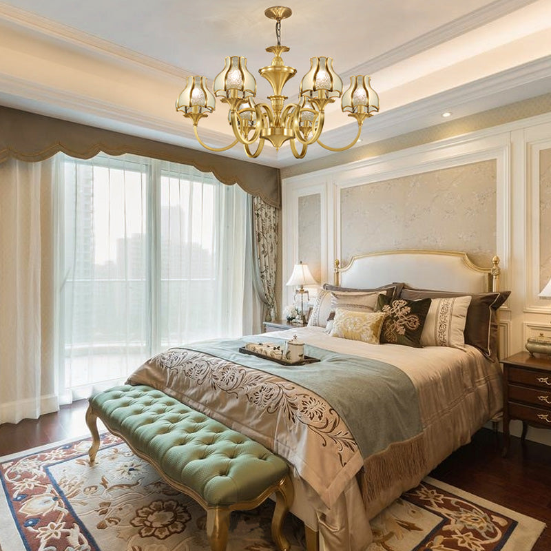 Colonial Style Gold Chandelier with Opal-White Glass Shades - 5/6 Heads