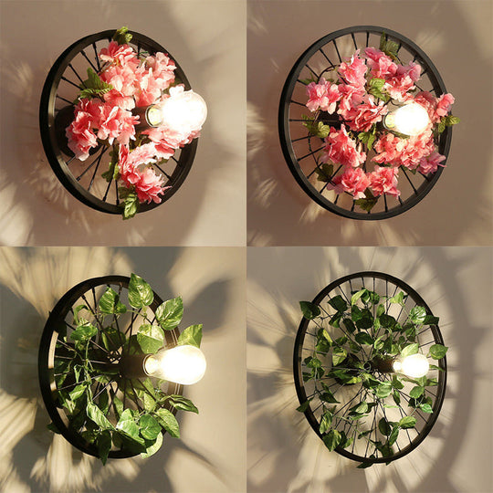 Industrial Metal Wheel Wall Mount Light with Flower/Leaf Decor, 12.5"/16.5" Diameter