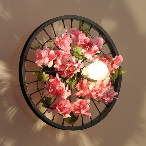 Industrial Metal Wheel Wall Mount Light with Flower/Leaf Decor, 12.5"/16.5" Diameter