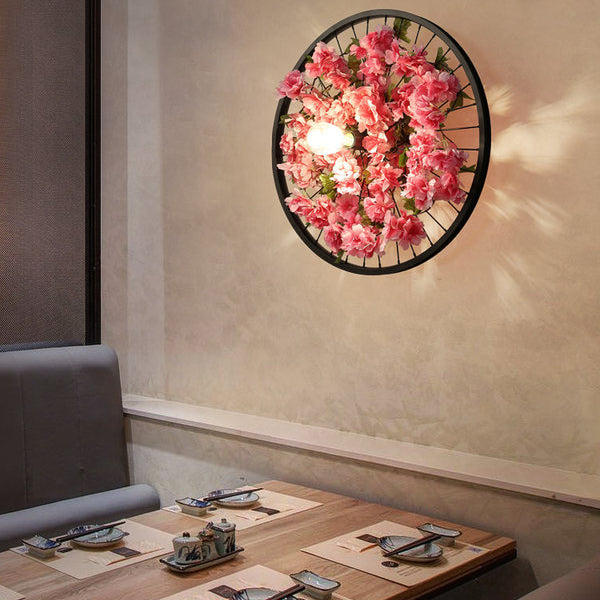 Industrial Metal Wheel Wall Mount Light with Flower/Leaf Decor, 12.5"/16.5" Diameter